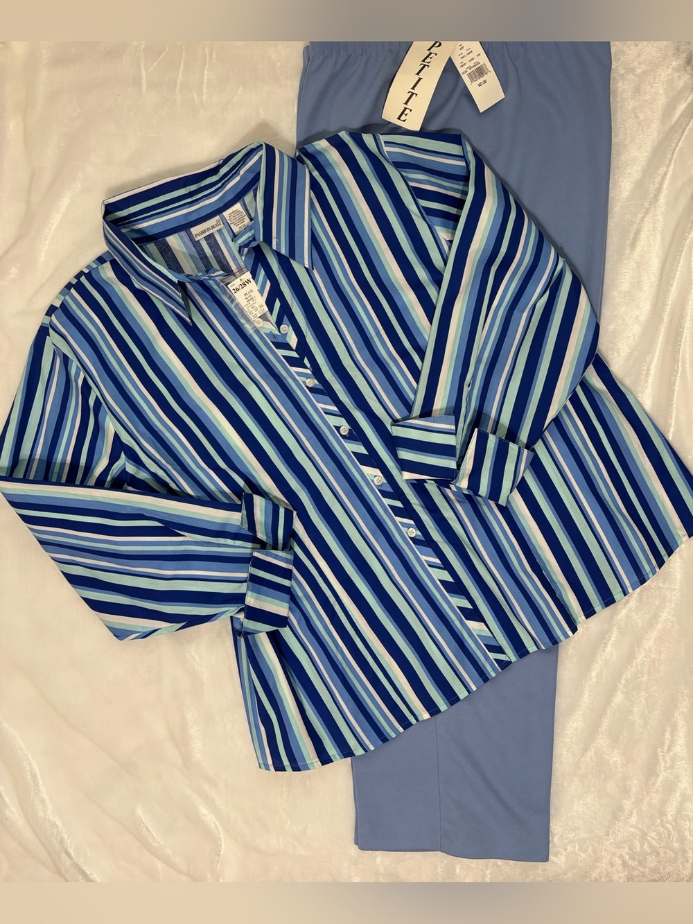 Women’s | 2-Pc. Combo | blue multi-stipe button-up shirt and pull-on pant